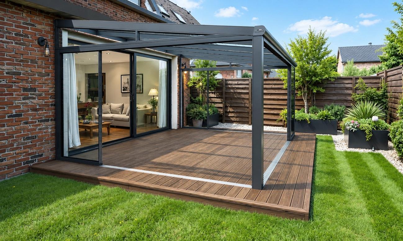 Durable bamboo decking for your garden Raised bamboo decking terrace with garden lounge set and parasol