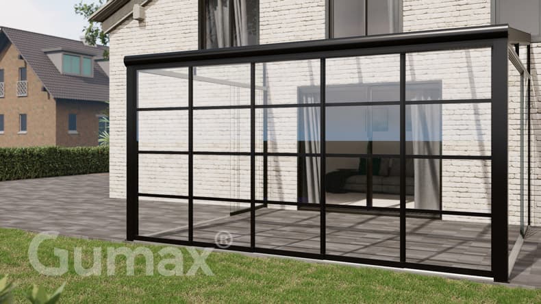 Steel Look matt black canopy with glass sliding doors