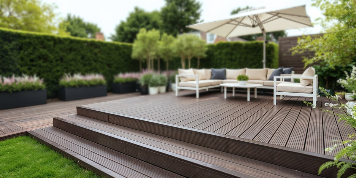 Durable bamboo decking for your garden Raised bamboo decking terrace with garden lounge set and parasol