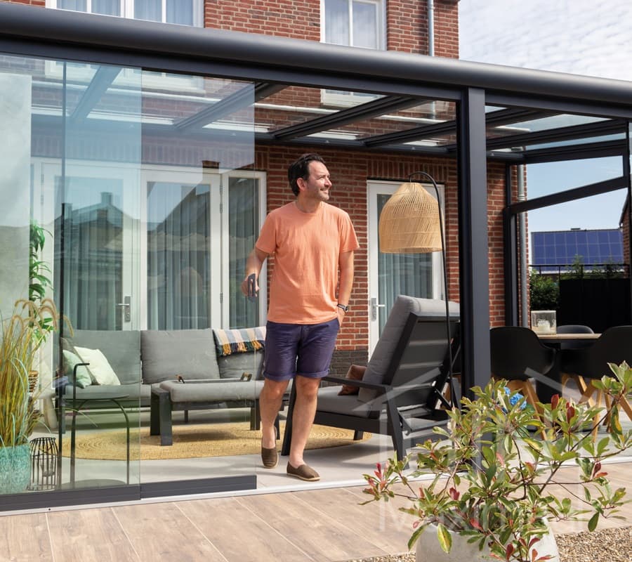 Veranda with sliding glass walls