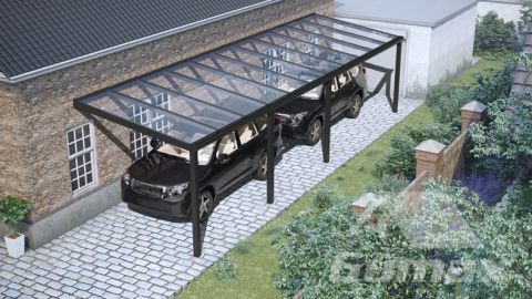 Modern carport in matt black measuring 11.06 x 3 metres with clear glass