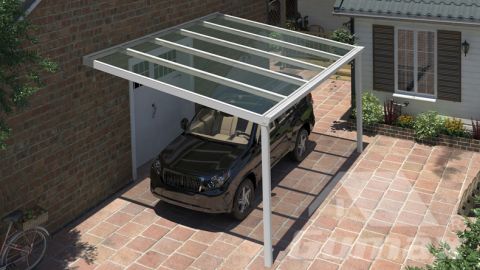 Classic carport in matt white measuring 5.06 x 3.5 metres with clear glass