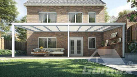 Classic veranda matt white measuring 8.06 x 3.5 metres with opal polycarbonate