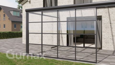 Steel Look glass sliding door 4-rail system matt anthracite 3920mm wide with passage height of 2030mm – 2070mm