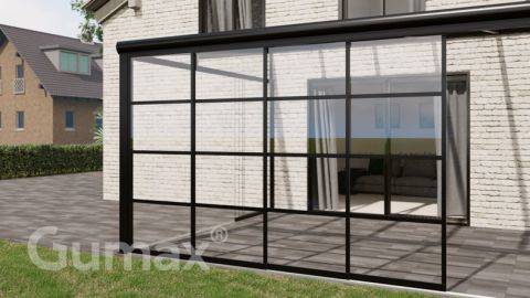 Steel Look glass sliding door 4-rail system matt black 3920mm wide with passage height of 2030mm – 2070mm