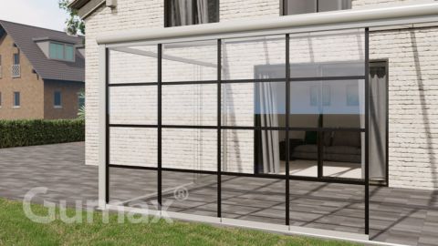 Steel Look glass sliding door 4-rail system matt white 3920mm wide with passage height of 2080mm – 2120mm