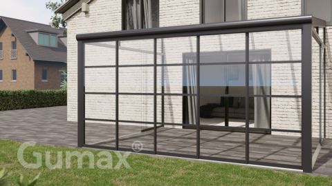 Steel Look glass sliding door 5-rail system matt anthracite 4900mm wide with passage height of 2580mm – 2620mm