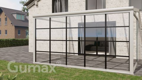 Steel Look glass sliding door 5-rail system matt white 4900mm wide with passage height of 2130mm – 2170mm